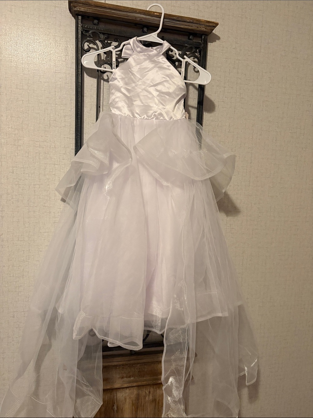 Youngland White Satin Halter Tulle Cascade Dress